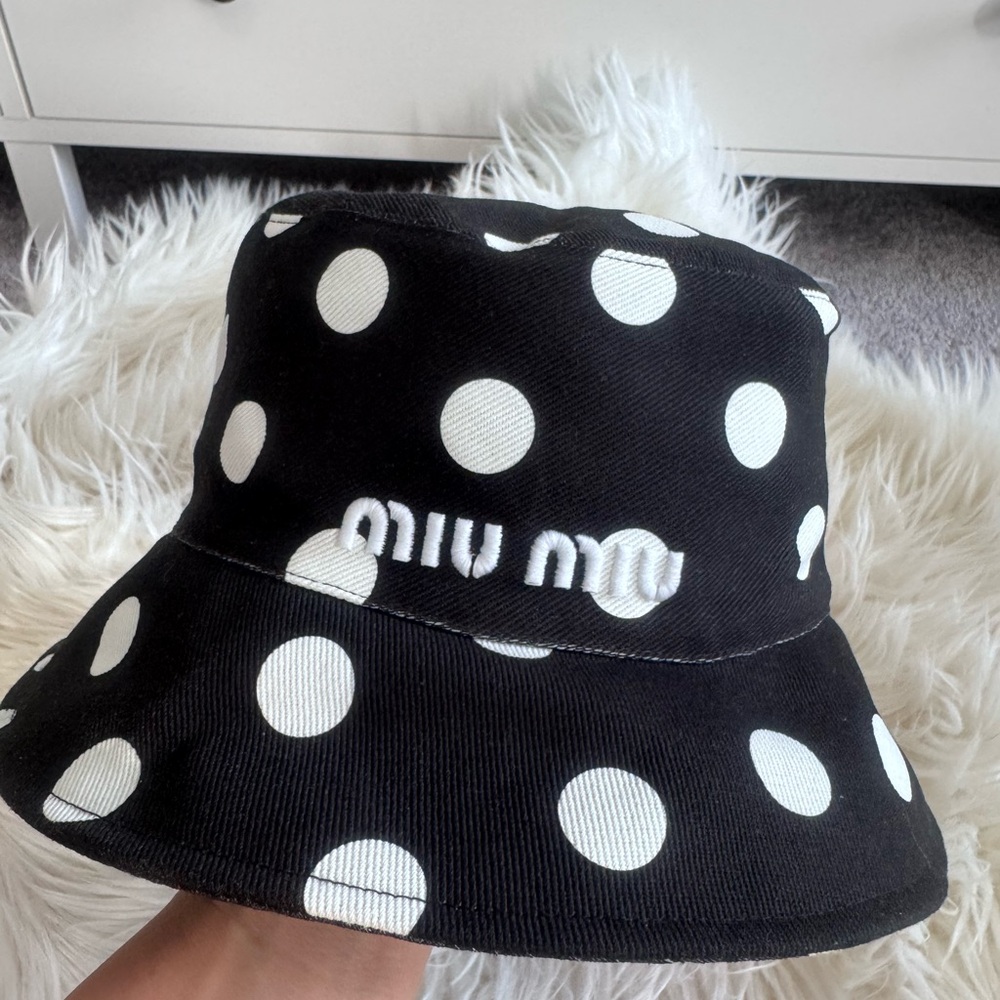 Miu Miu Black and White Polka Dot Womens Bucket Hat